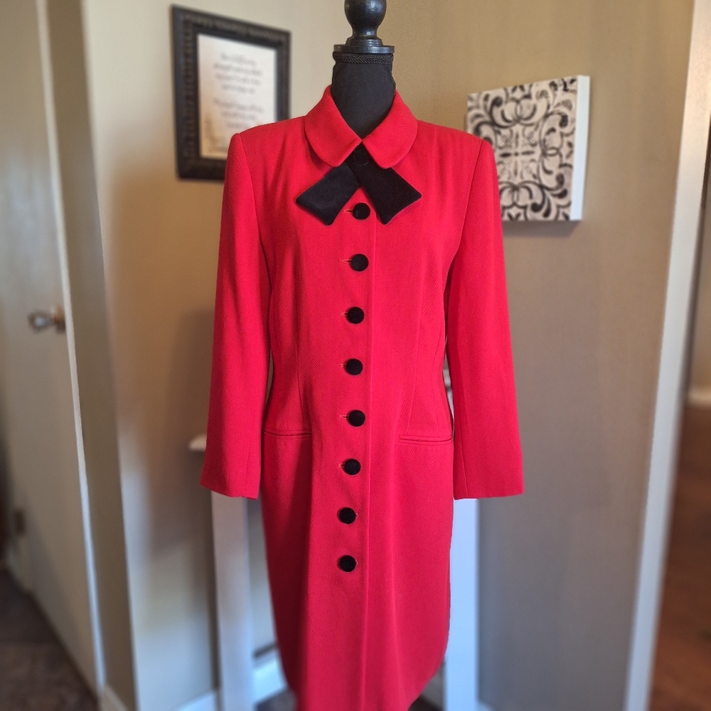 Vintage Red Dress Coat with Black Velvet Tie And Buttons 12p